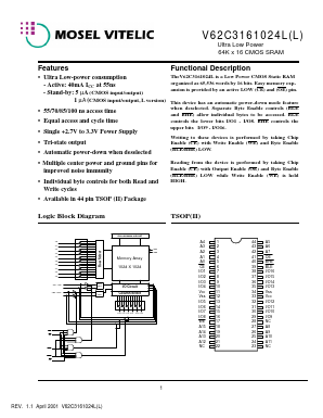 V62C3161024L-85T Datasheet PDF Mosel Vitelic Corporation 