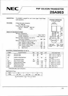 2SA953K Datasheet PDF NEC => Renesas Technology