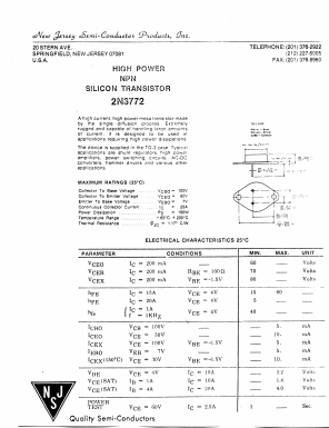 2N3772 Datasheet PDF New Jersey Semiconductor