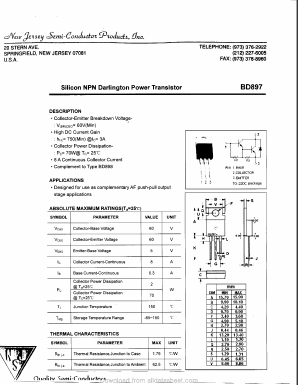 BD897 Datasheet PDF New Jersey Semiconductor