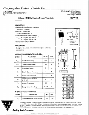 BDW43 Datasheet PDF New Jersey Semiconductor