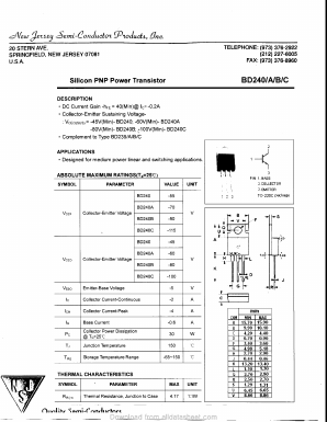 BD240 Datasheet PDF New Jersey Semiconductor