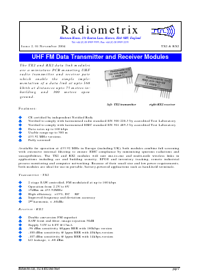 TX2-433-160-5V Datasheet PDF Radiometrix Ltd