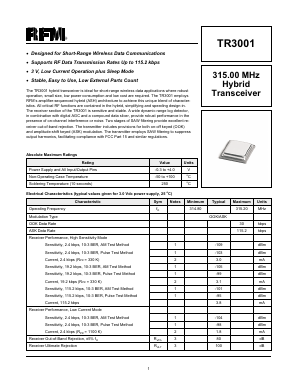TR3001 Datasheet PDF RF Monolithics, Inc