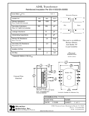 T-1114 Datasheet PDF Rhombus Industries Inc.
