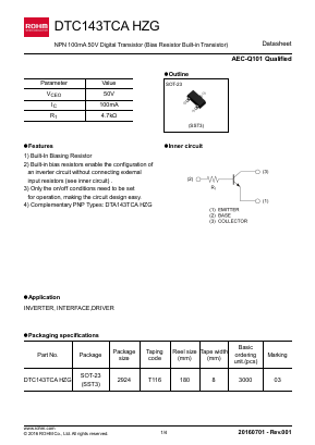 DTC143TCAHZG Datasheet PDF ROHM Semiconductor