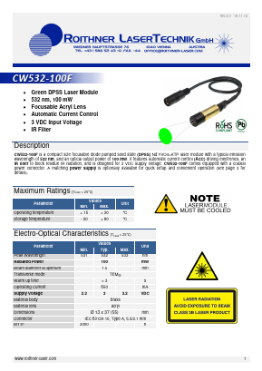 CW532-100F Datasheet PDF Roithner LaserTechnik GmbH