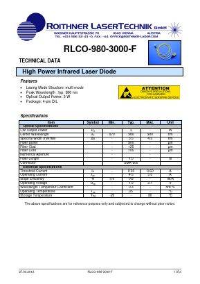 RLCO-980-3000-F Datasheet PDF Roithner LaserTechnik GmbH