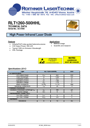 RLT1260-500HHL Datasheet PDF Roithner LaserTechnik GmbH