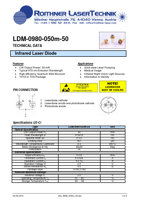 LDM-0980-050M-50 Datasheet PDF Roithner LaserTechnik GmbH