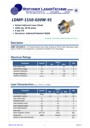 LDMP-1550-020W-91 Datasheet PDF Roithner LaserTechnik GmbH