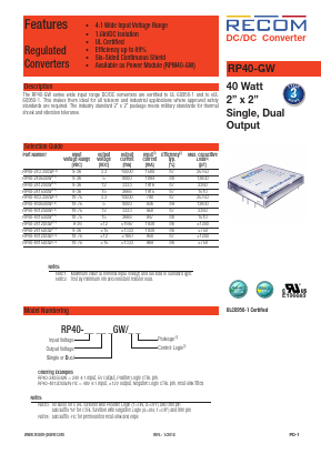 RP40-2412DGWN Datasheet PDF RECOM Electronic GmbH