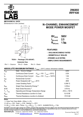IRFF430 Datasheet PDF Semelab - > TT Electronics plc 