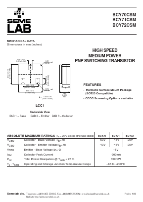 BCY70CSM Datasheet PDF Semelab - > TT Electronics plc 