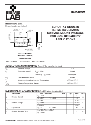 BAT54CSM Datasheet PDF Semelab - > TT Electronics plc 