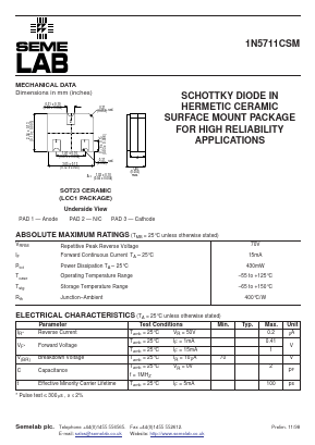 1N5711CSM Datasheet PDF Semelab - > TT Electronics plc 