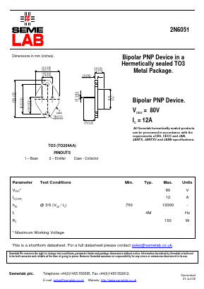 2N6051 Datasheet PDF Semelab - > TT Electronics plc 