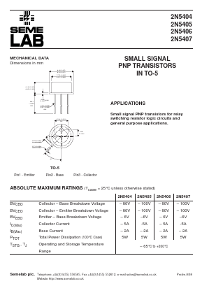 2N5407 Datasheet PDF Semelab - > TT Electronics plc 