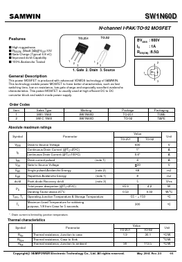 SWC1N60 Datasheet PDF Xian Semipower Electronic Technology Co., Ltd.