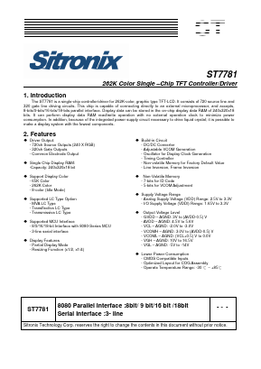ST7781 Datasheet PDF Sitronix Technology Co., Ltd.