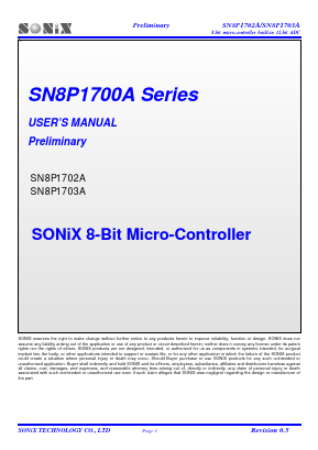 SN8P1700A Datasheet PDF Sonix Technology Co., Ltd
