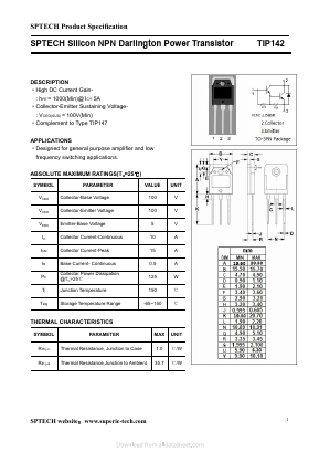 TIP142 Datasheet PDF Shenzhen SPTECH Microelectronics Co., Ltd.