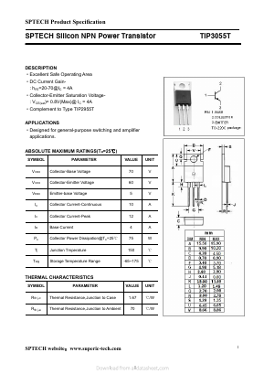TIP3055T Datasheet PDF Shenzhen SPTECH Microelectronics Co., Ltd.