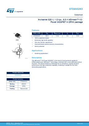 STD6N52K3 Datasheet PDF STMicroelectronics