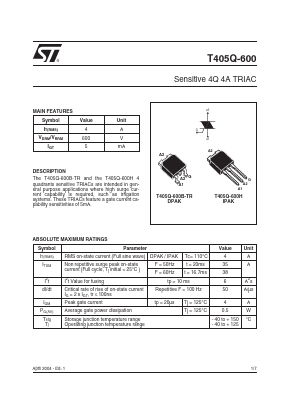 T405Q-600 Datasheet PDF STMicroelectronics