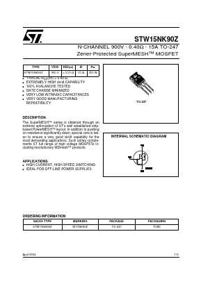 W15NK90Z Datasheet PDF STMicroelectronics