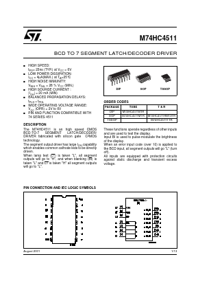 M74HC4511B1R Datasheet PDF STMicroelectronics