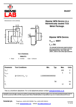 BU207 Datasheet PDF Semelab - > TT Electronics plc 