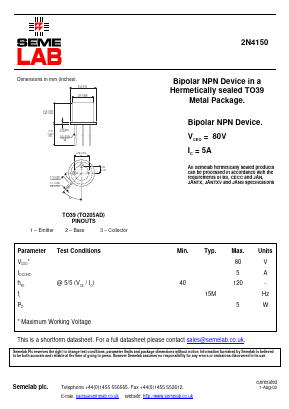 2N4150 Datasheet PDF Semelab - > TT Electronics plc 