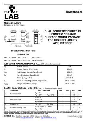 BAT54DCSM Datasheet PDF Semelab - > TT Electronics plc 