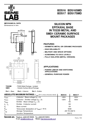 BDS17SMD Datasheet PDF Semelab - > TT Electronics plc 