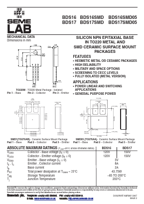 BDS17SMD05 Datasheet PDF Semelab - > TT Electronics plc 