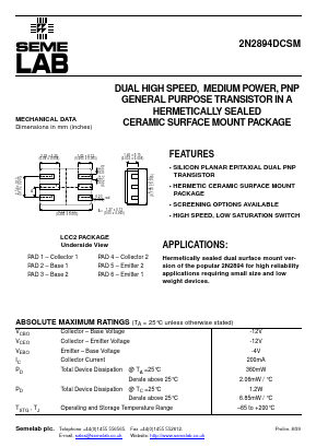 2N2894DCSM Datasheet PDF Semelab - > TT Electronics plc 
