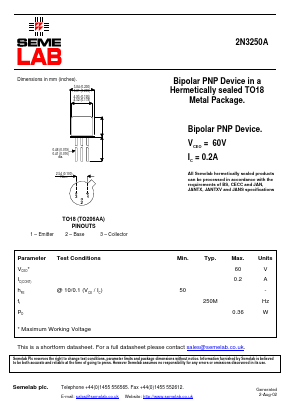2N3250A Datasheet PDF Semelab - > TT Electronics plc 
