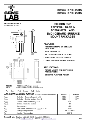 BDS18 Datasheet PDF Semelab - > TT Electronics plc 