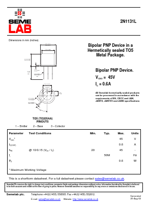 2N1131L Datasheet PDF Semelab - > TT Electronics plc 