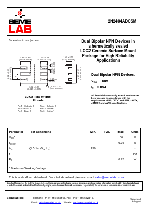 2N2484ADCSM Datasheet PDF Semelab - > TT Electronics plc 