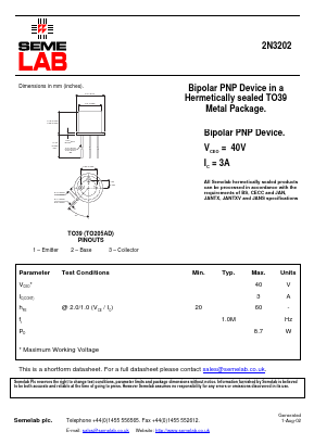 2N3202 Datasheet PDF Semelab - > TT Electronics plc 