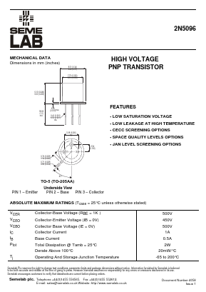2N5096 Datasheet PDF Semelab - > TT Electronics plc 