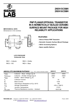 2N5416CSM4 Datasheet PDF Semelab - > TT Electronics plc 
