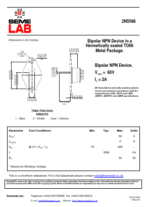 2N5598 Datasheet PDF Semelab - > TT Electronics plc 