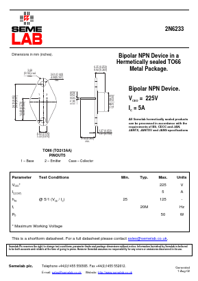 2N6233 Datasheet PDF Semelab - > TT Electronics plc 