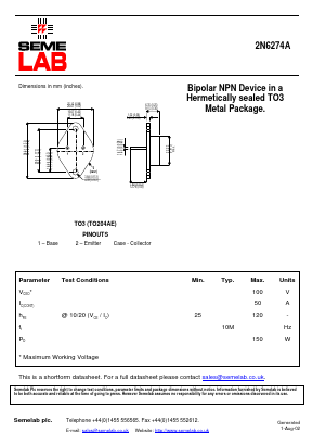 2N6274A Datasheet PDF Semelab - > TT Electronics plc 