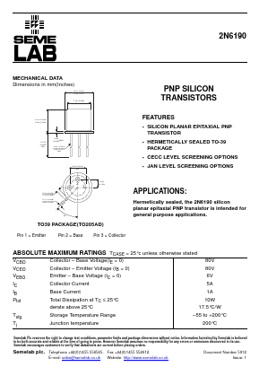 2N6190 Datasheet PDF Semelab - > TT Electronics plc 