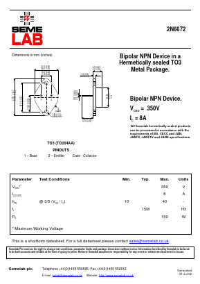 2N6672 Datasheet PDF Semelab - > TT Electronics plc 