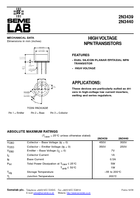2N3439 Datasheet PDF Semelab - > TT Electronics plc 